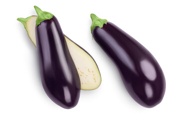 Eggplant or aubergine with half isolated on white background. Clipping path and full depth of field. top, view, flat lay
