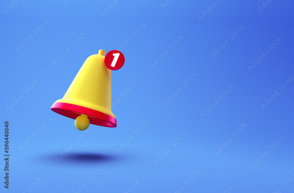 Poster notification bell creative concept. cartoon minimal orange ringing bell icon isolated on blue backgr