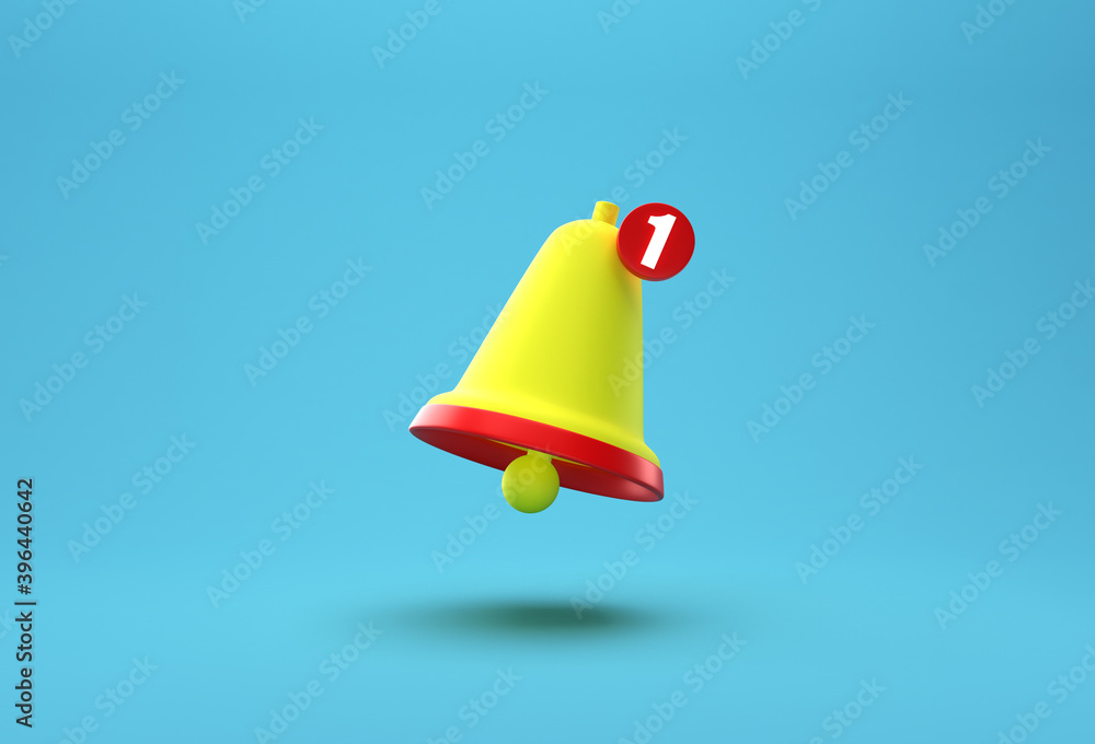 Poster notification bell creative concept. cartoon minimal orange ringing bell icon isolated on blue backgr