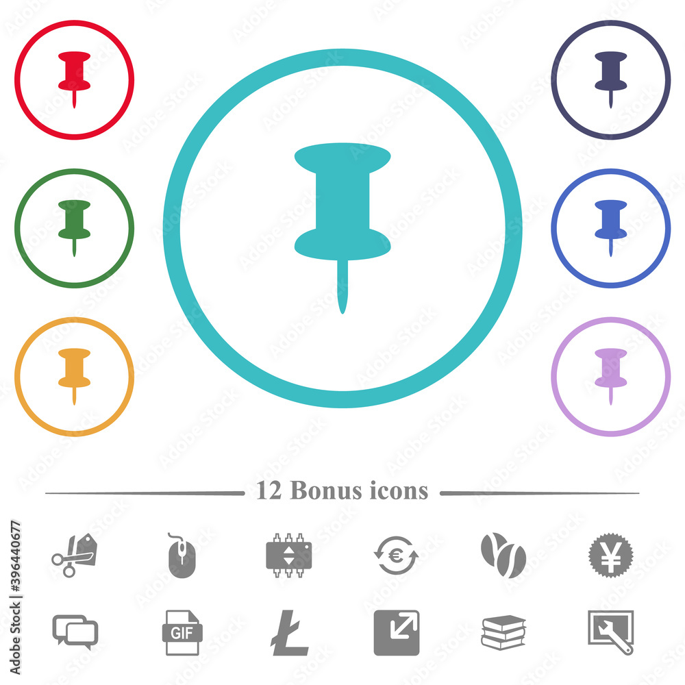 Poster push pin flat color icons in circle shape outlines