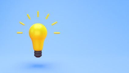 Light bulb idea creative concept. Minimal concept idea of yellow light bulb isolated on blue background with copy space for text. 3D rendering.