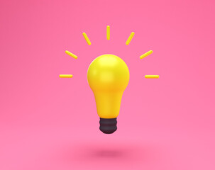Light bulb idea creative concept. Minimal concept idea of yellow light bulb isolated on pink background with copy space for text. 3D rendering.