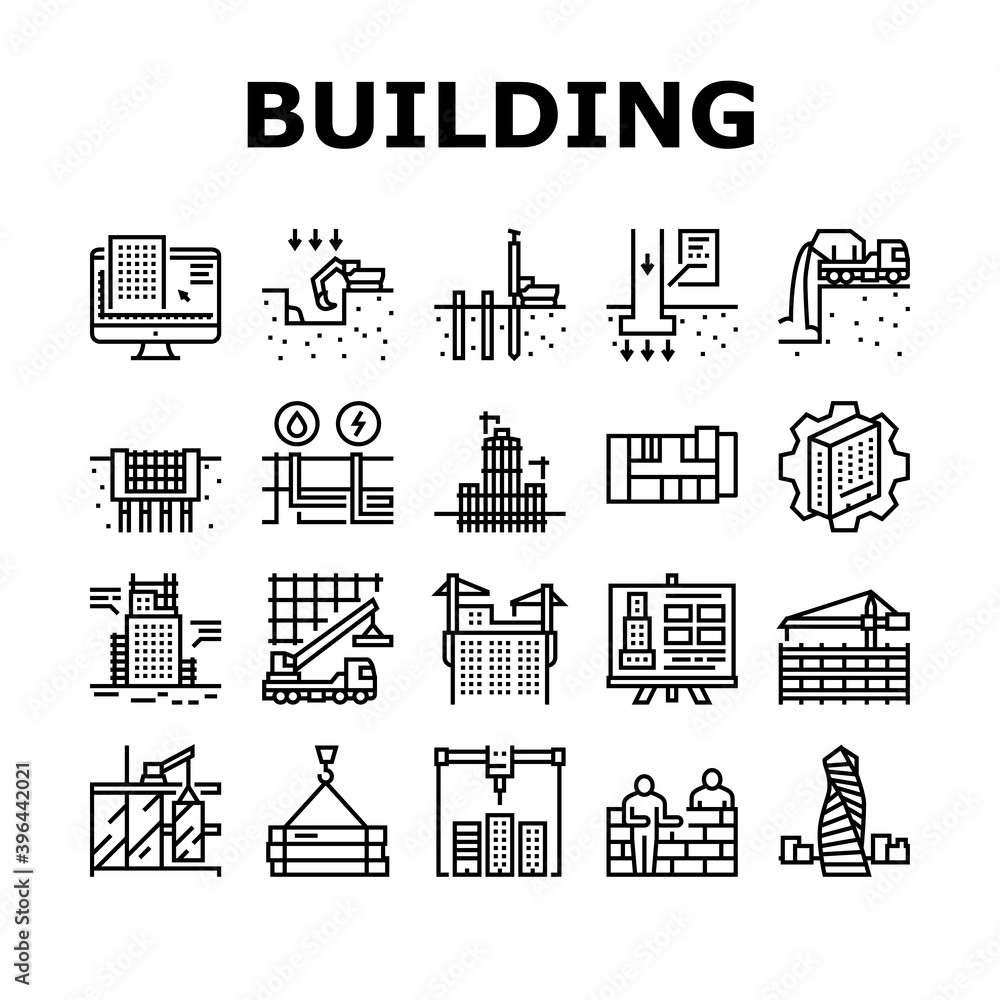 Poster building construction collection icons set vector. excavation and footing reinforcement, columns cas