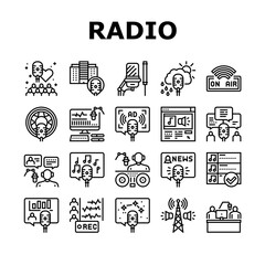Radio Studio Podcast Collection Icons Set Vector. Auto Radio And News, Advertising And Weather, Horoscope And Music, Building And Command Black Contour Illustrations