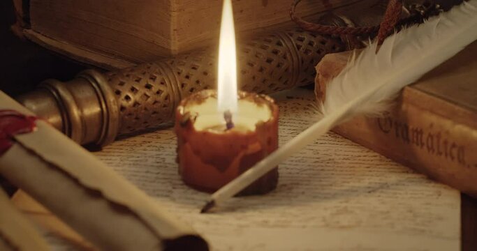 Ancient manuscript in latin more than 200 years old with quilt pen