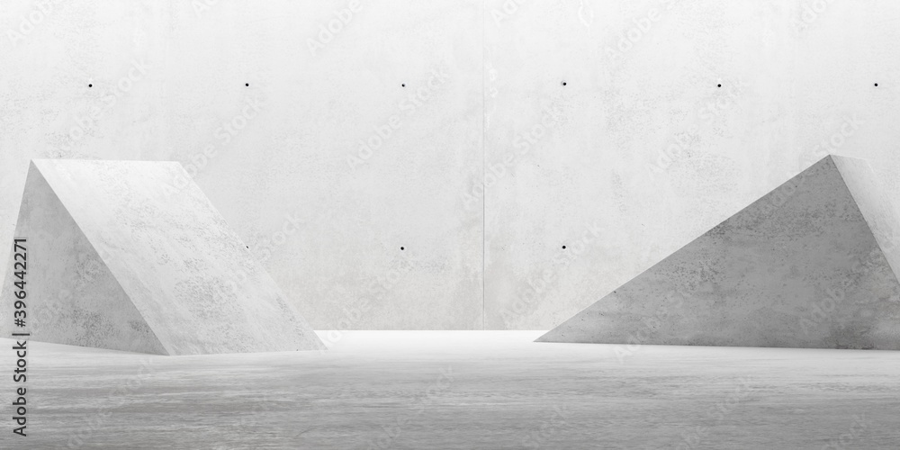 Poster empty modern abstract concrete room with elevated triangle platforms, product presentation template 