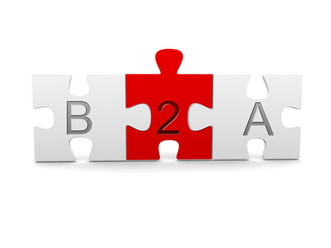 Three jigsaw puzzle pieces with B2A, business to administration, text on white background - business networking concept