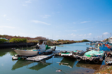 Bamboo rafts moored in port.  Fishing harbor in Taiwan.