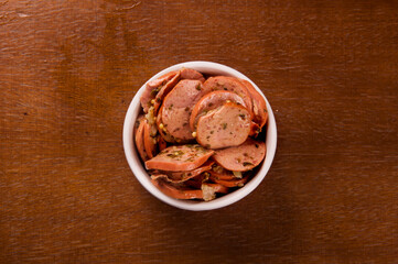 sausages slices portion top view