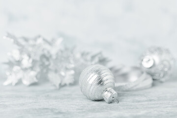 Christmas decoration. Bright wooden background. Close up.