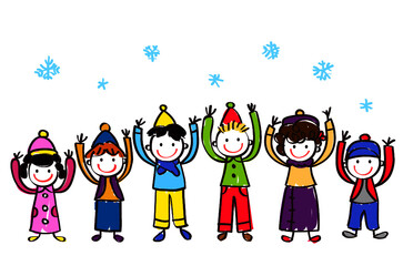 Group of smiling children raising their hands, wearing autumn - winter clothes.

