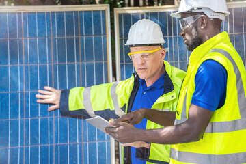 factory worker technician engineer men showing and checking solar cell panel for sustainable technology with working suit and helmet. Concept install construction photovoltaic panel renewable energy.