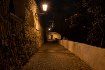 light from street lights and a paved sidewalk for pedestrians at night in the center of Prague in the Czech Republic
