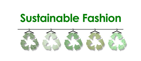 Sustainable fashion text with recycle clothes icons on hanger, reduce waste concept