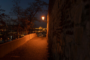 light from street lights and a paved sidewalk for pedestrians at night in the center of Prague in the Czech Republic