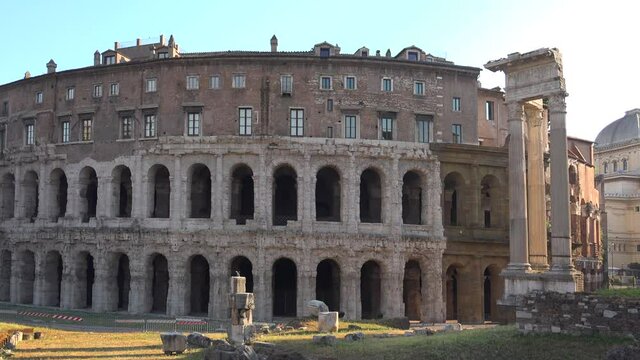 Theater of Marcellus Amphitheatre Building in Medieval Old Europe.Structure Corinthian columns middle ages along arcades arcade wall exposed Savelli Fabii Pier Leoni opus reticulatum doric Ionic 4K.