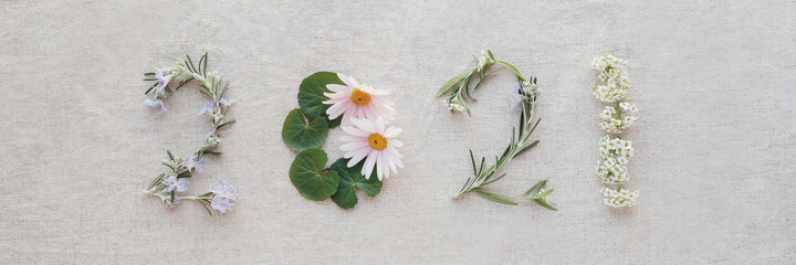 2021 made from fresh flowers and leaves, Happy New Year decoration, wellness, holidays retreat concept