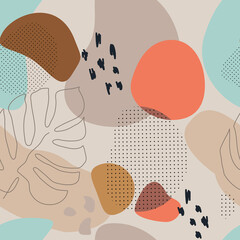 Fototapeta premium Abstract arts background in pastel colors. Colorful seamless patern with hand drawn various shapes and line art objects. Contemporary modern trendy vector illustrations.