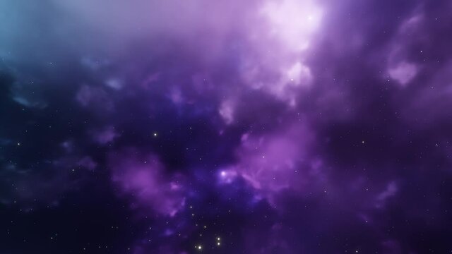 CGI Space Travel Animation Through Purple and Violet Nebula Clouds and Star Systems.