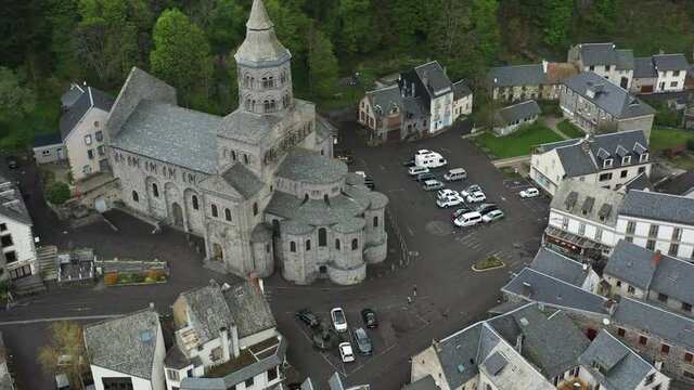 Unique Romanesque French church in Orcival, Basilica Notre Dame d'Orcival.