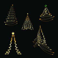 set of hand drawn gold christmas tree vectors, christmas trees with star icon vectors, clip art tree vector