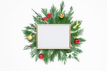 White X-mas flat lay with empty place for text. Golden frame surrounded by fir branches and Christmas decorations. New Year holidays concept.