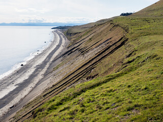 Fototapeta premium Dramatic coastal scenery along Cattle Point Road with view of South Beach - San Juan Island, WA, USA
