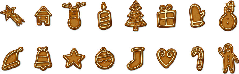 Christmas Vector Gingerbread Cookies Set with gingerbread man, house, star, tree, snowman, reindeer, sock