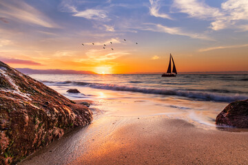 Sunset Ocean Sailboat
