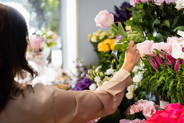 Back view of female florist taking rose in store with blurred flowers and window on background
