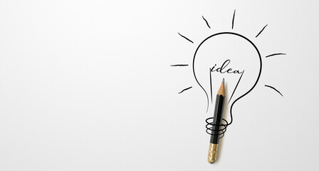 Black colour pencil with outline light bulb and word idea on white paper background. Creativity...