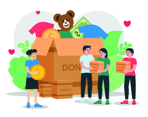 Humanitarian aid, people donate clothes, money with love flat design