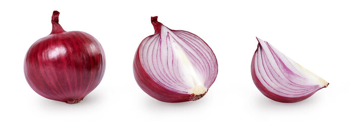 A set of whole and sliced red onion isolated on white background.