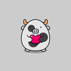 Cute valentine cow animal character holding a heart shape symbol