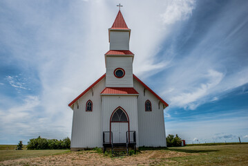 Blue sky over the historic St. Martin’s Roman Catholic Church in Billimun, Saskatchewan, Canada