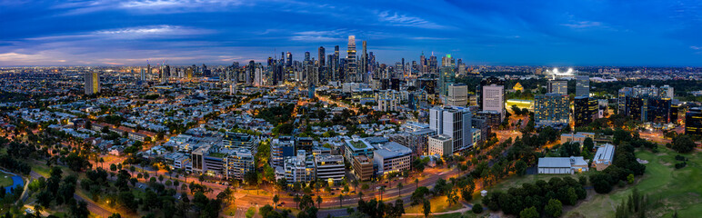 Panoramic view of the beautiful city of Melbourne as captured from above Albert Park Lake at sunset