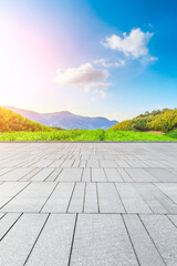 Empty square floor and green mountain with bamboo forest natural landscape.