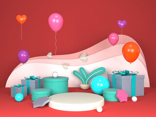 Abstract celebration with gift box and balloons 3d render