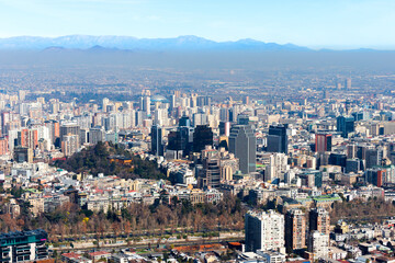 Overview of Santiago, Chile in Latin America in a sunny day. The city is located very close to the Andes Mountains.