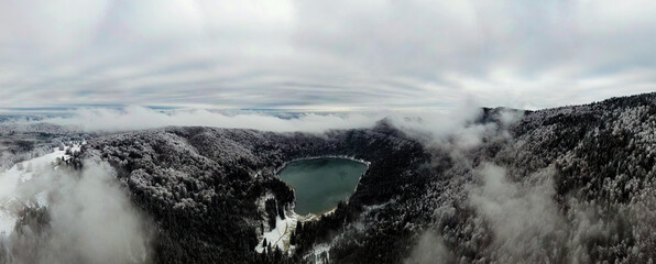 Aerial pictures of a volcanic lake in Romania called ' Sfanta Ana ' ( Saint Ann in english ) 