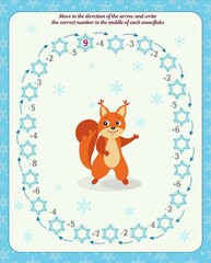  Math game for children with squirrel. Worksheet: Moving in the direction of the arrow, write the correct number in the middle of each snowflakes. 