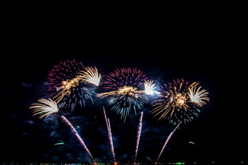 colorful fireworks,Beautiful multi color fireworks explosions lighting sky over trees silhouette and over an illuminated,celebration concept