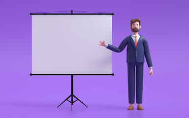 A man standing near projector screen and pointing something. business concept. 3d rendering,conceptual image.