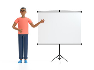 A man standing near projector screen and pointing something. business concept. 3d rendering,conceptual image.