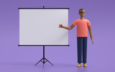 A man standing near projector screen and pointing something. business concept. 3d rendering,conceptual image.