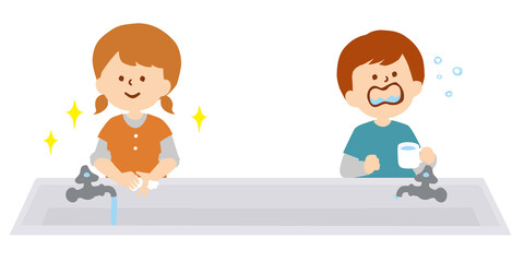 水道で手洗いうがいをする子供たち