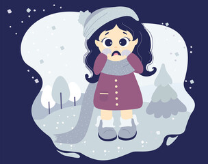 Obraz na płótnie Canvas The girl is crying and upset, sad mood. Cute character in winter clothes - a hat, scarf, coat and boots on a decorative background with a winter landscape and snow. Vector. Isolated. Kids collection