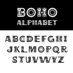 Boho english alphabet. Ethnic elements for vector design. Hand drawn letters for for banners, card, poster, flyer and party invitations