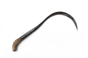 Sickle for cutting grass on white background.