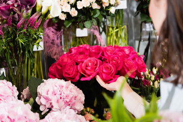 Cropped view of female florist caring about roses on racks of flowers on blurred foreground
